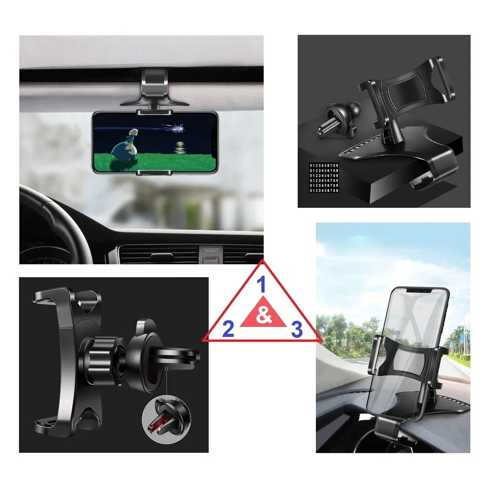 3 in 1 Car GPS Smartphone Holder: Dashboard / Visor Clamp   AC Grid Clip for Sharp Aquos Xx 304SH - Black