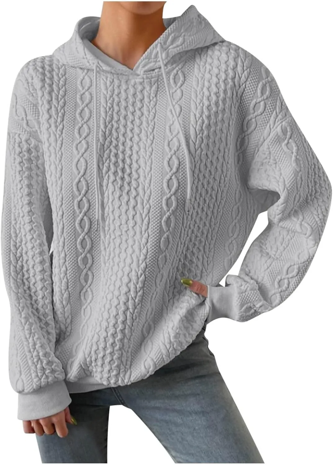 Anjikang Fleece Knit Hoodies for Women Fall Winter Fashion Drawstring Long Sleeve Hooded Sweatshirt Warm Lightweight Pullover