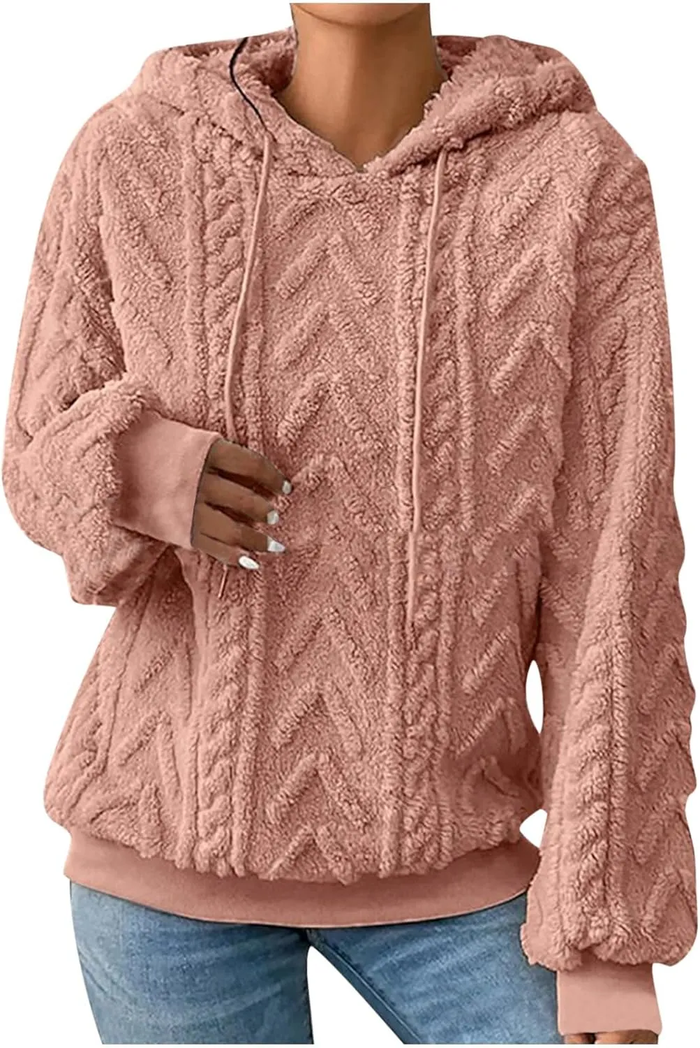 Anjikang Fleece Knit Hoodies for Women Fall Winter Fashion Drawstring Long Sleeve Hooded Sweatshirt Warm Lightweight Pullover