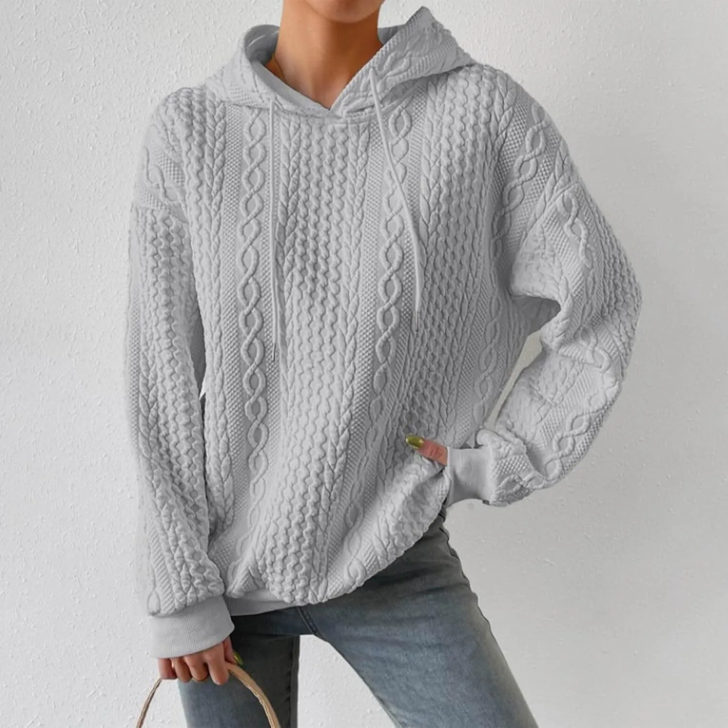 Anjikang Fleece Knit Hoodies for Women Fall Winter Fashion Drawstring Long Sleeve Hooded Sweatshirt Warm Lightweight Pullover
