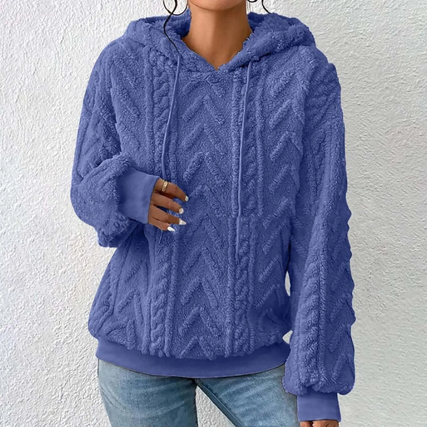 Anjikang Fleece Knit Hoodies for Women Fall Winter Fashion Drawstring Long Sleeve Hooded Sweatshirt Warm Lightweight Pullover