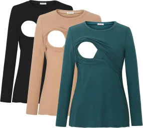 Bearsland Women's Maternity Nursing Tops Long Sleeve Breastfeeding Shirts 3 Pack