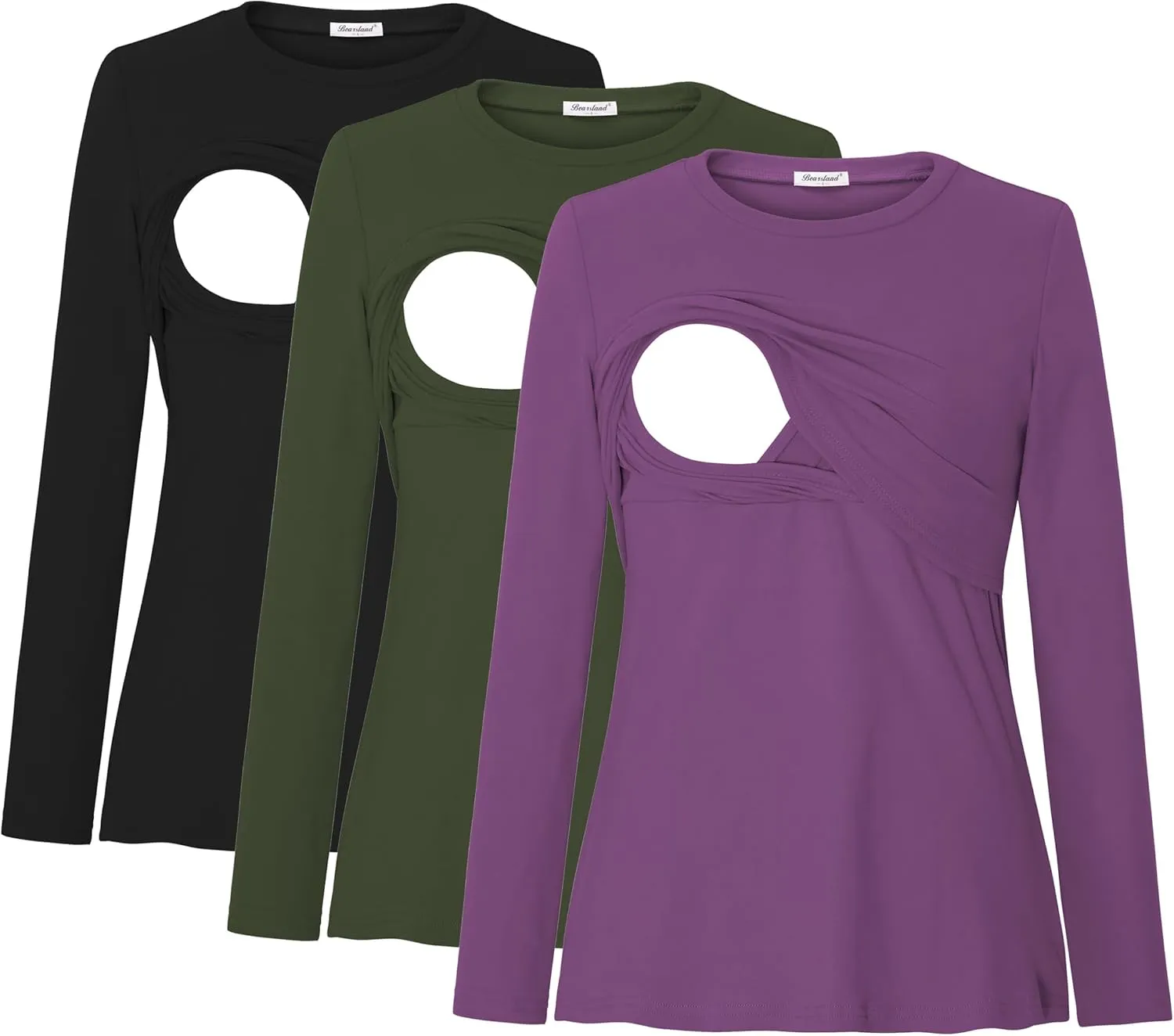 Bearsland Women's Maternity Nursing Tops Long Sleeve Breastfeeding Shirts 3 Pack