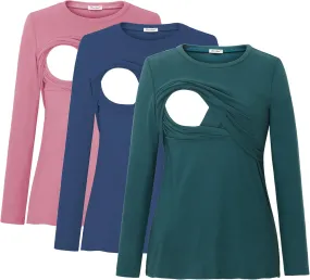 Bearsland Women's Maternity Nursing Tops Long Sleeve Breastfeeding Shirts 3 Pack