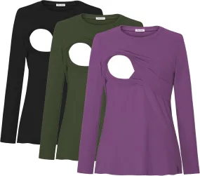 Bearsland Women's Maternity Nursing Tops Long Sleeve Breastfeeding Shirts 3 Pack