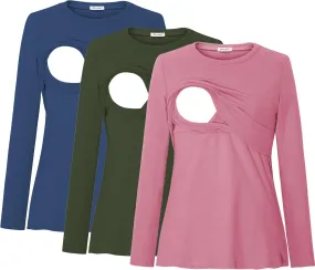 Bearsland Women's Maternity Nursing Tops Long Sleeve Breastfeeding Shirts 3 Pack