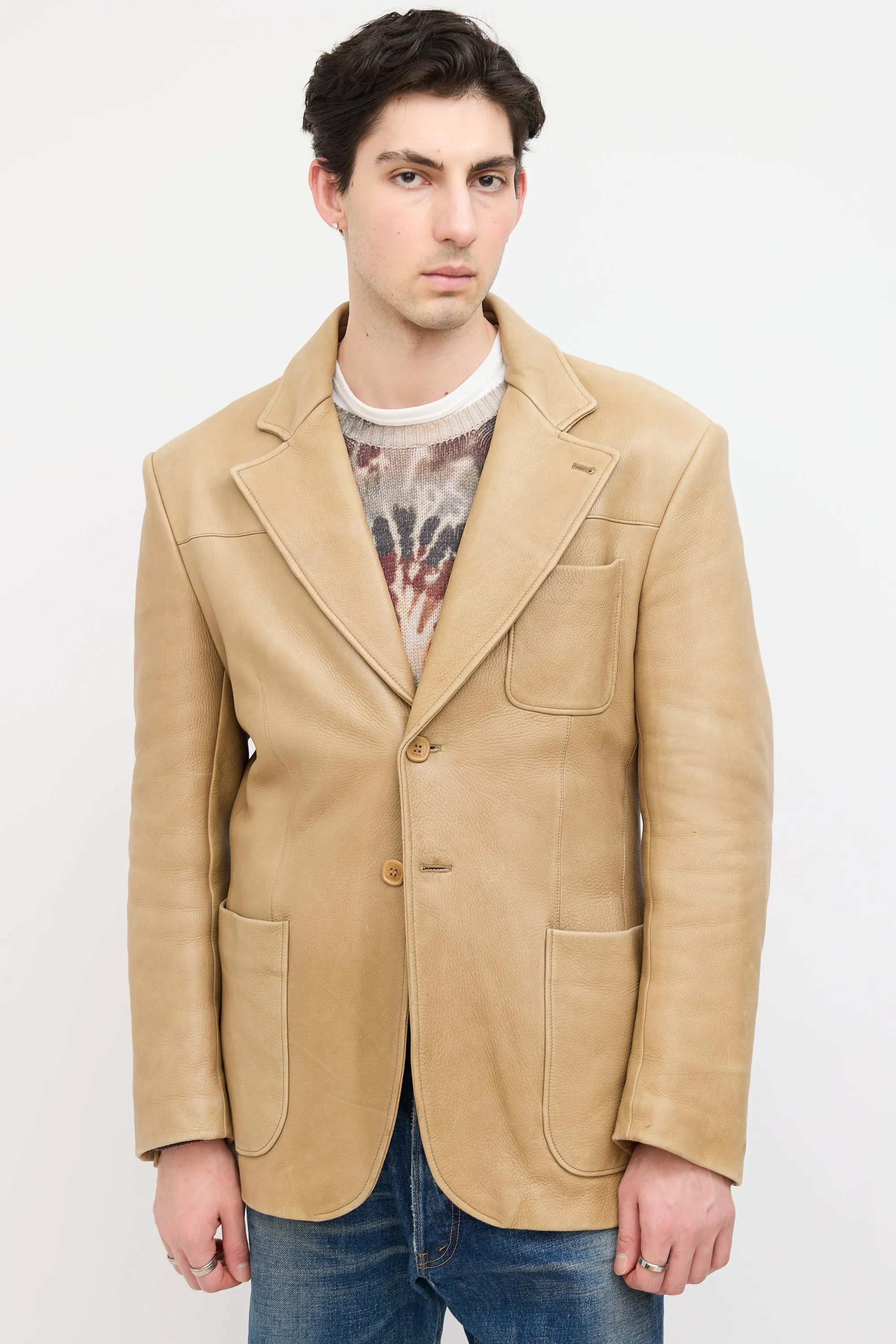 Beige Leather Notched Lapel Blazer