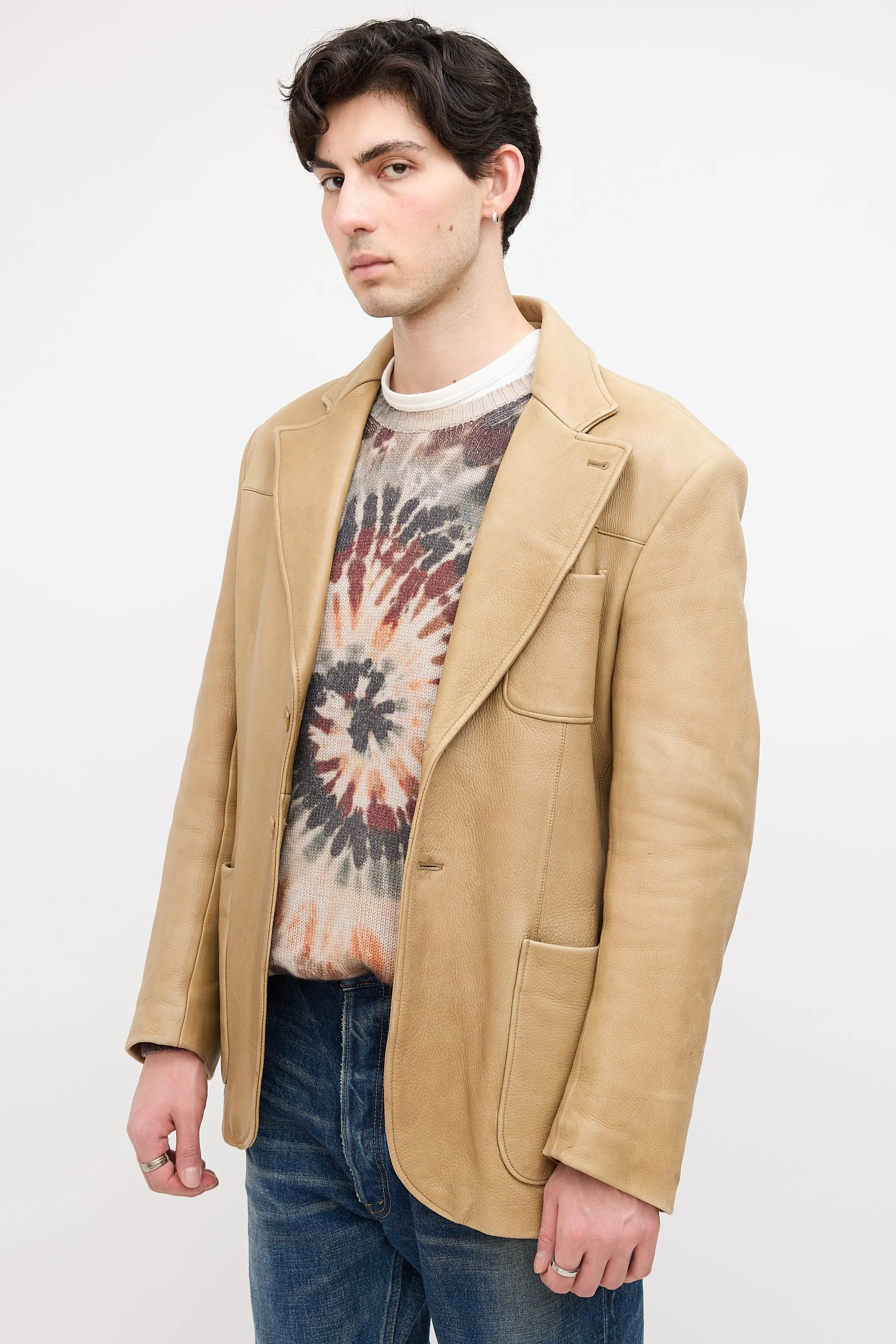 Beige Leather Notched Lapel Blazer