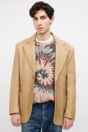 Beige Leather Notched Lapel Blazer