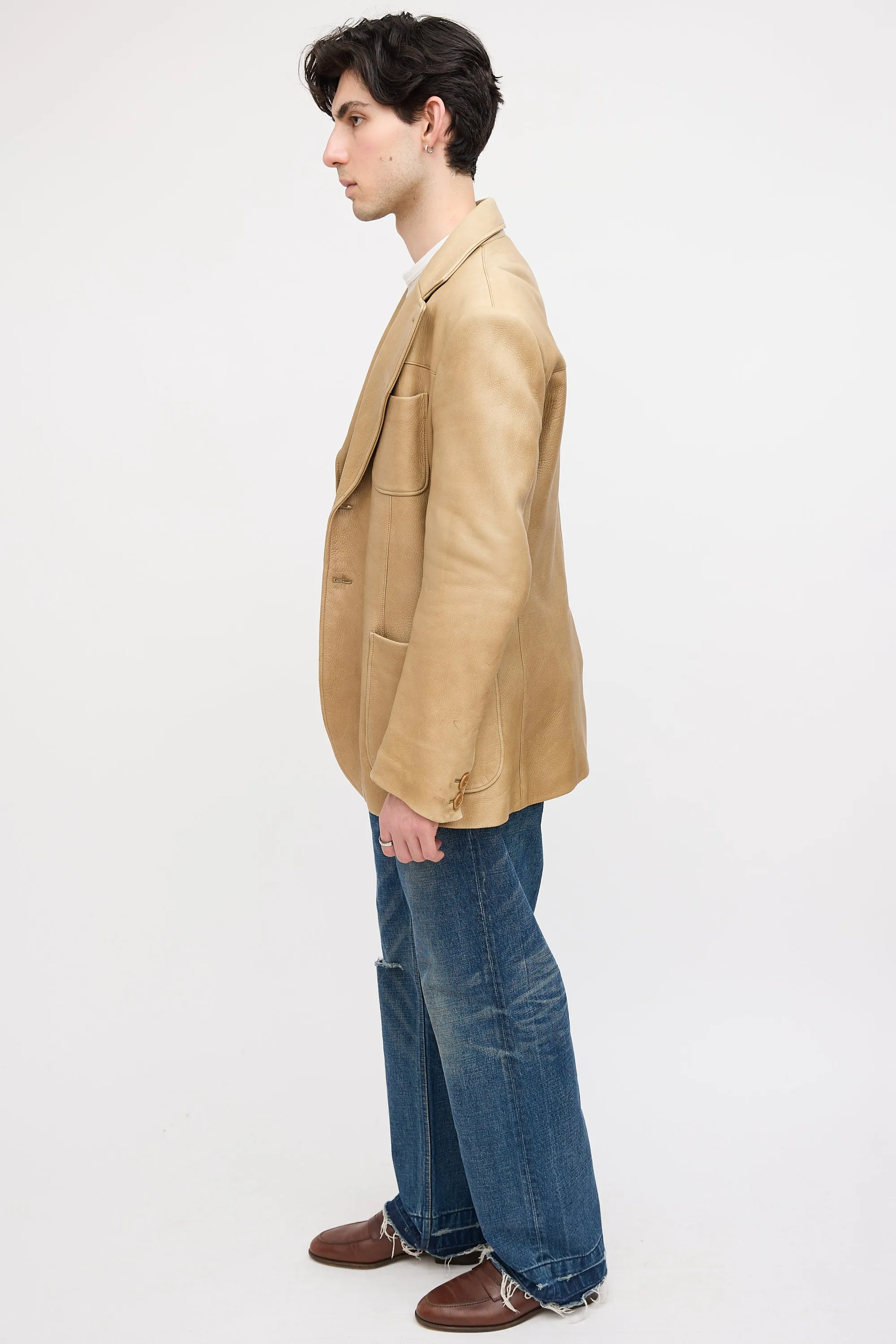 Beige Leather Notched Lapel Blazer