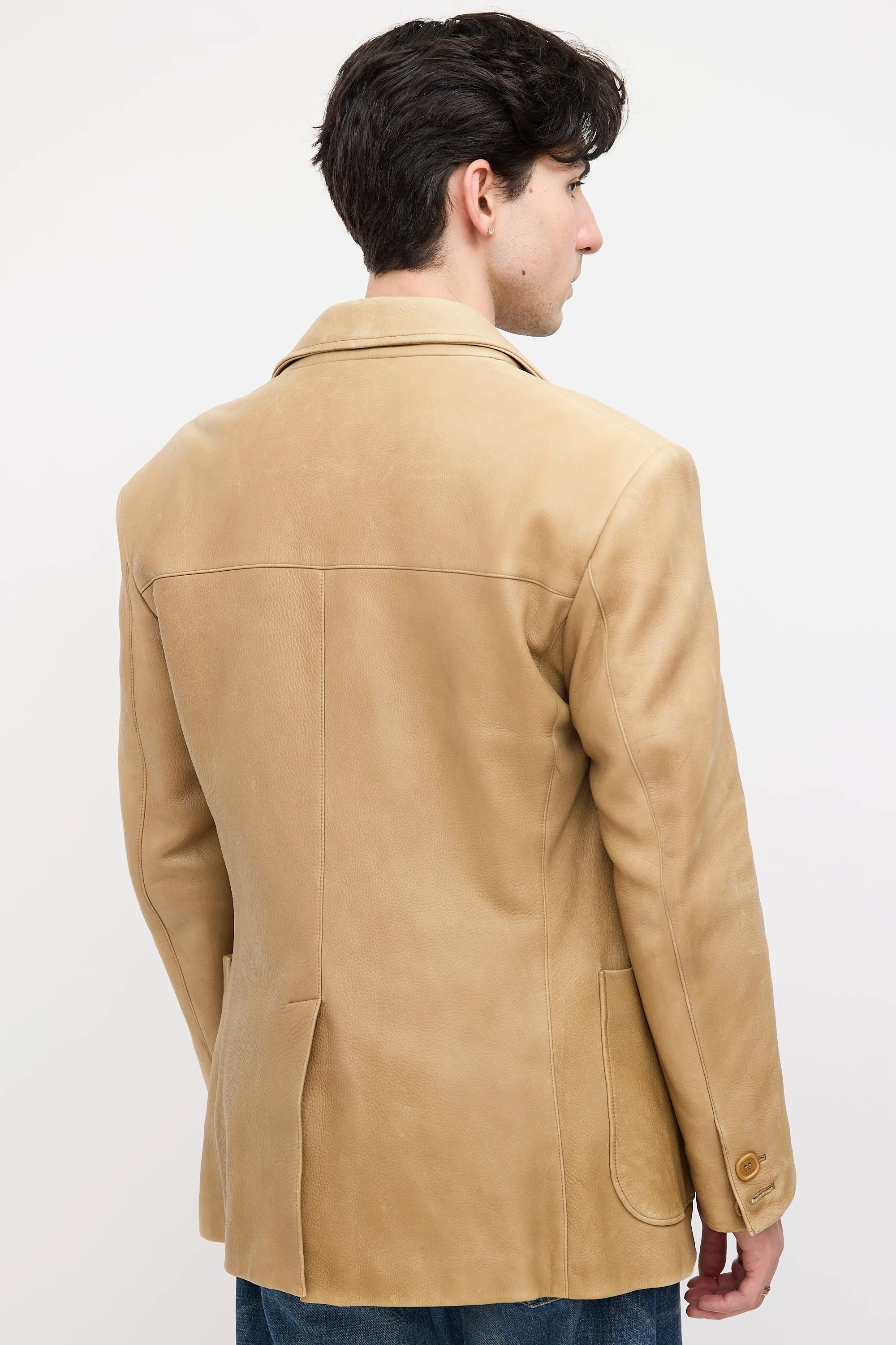 Beige Leather Notched Lapel Blazer