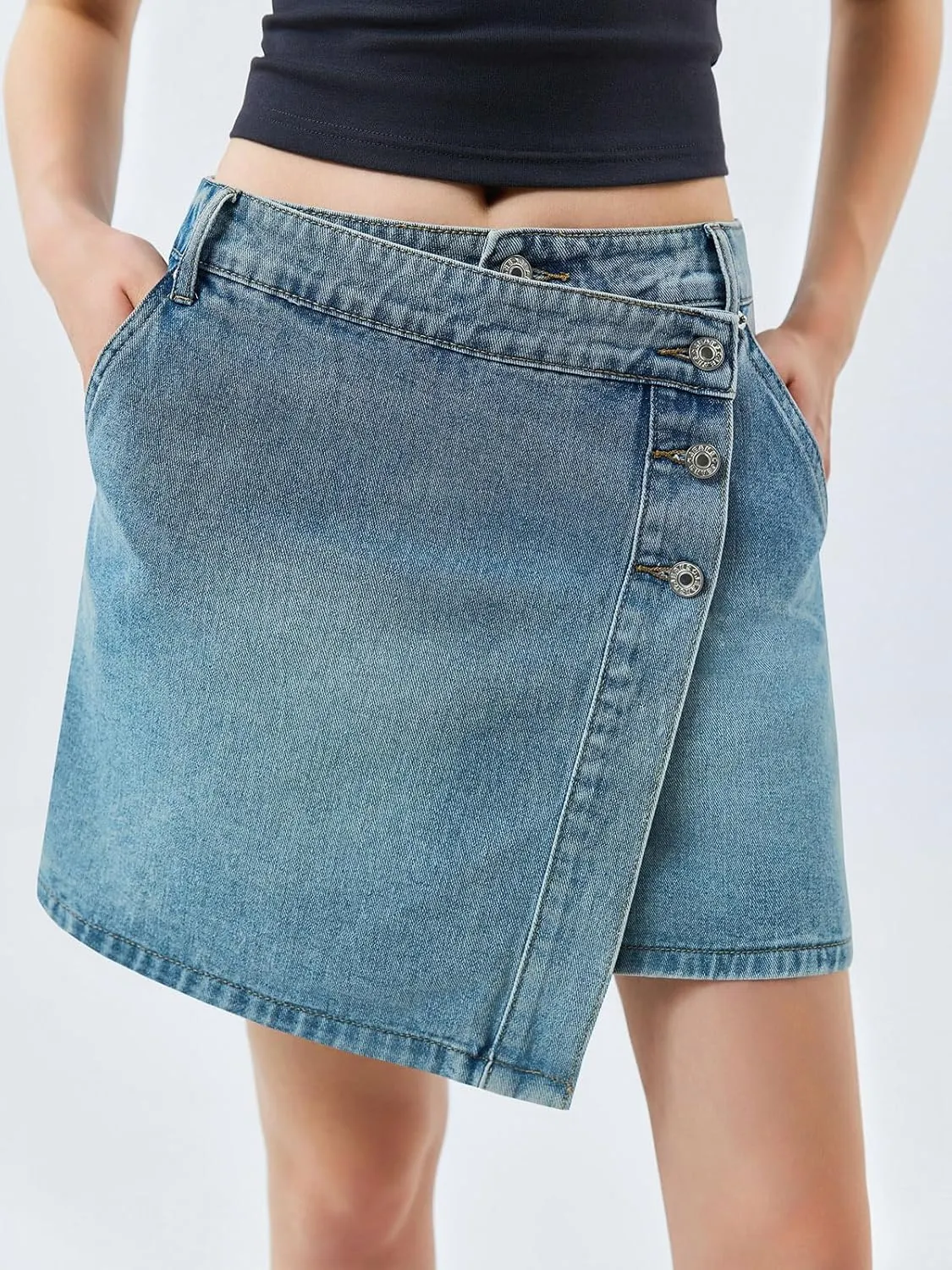 Cicy Bell Womens Jean Skirts Casual Wrap Button Asymmetrical Hem Summer Denim Mini Skirt
