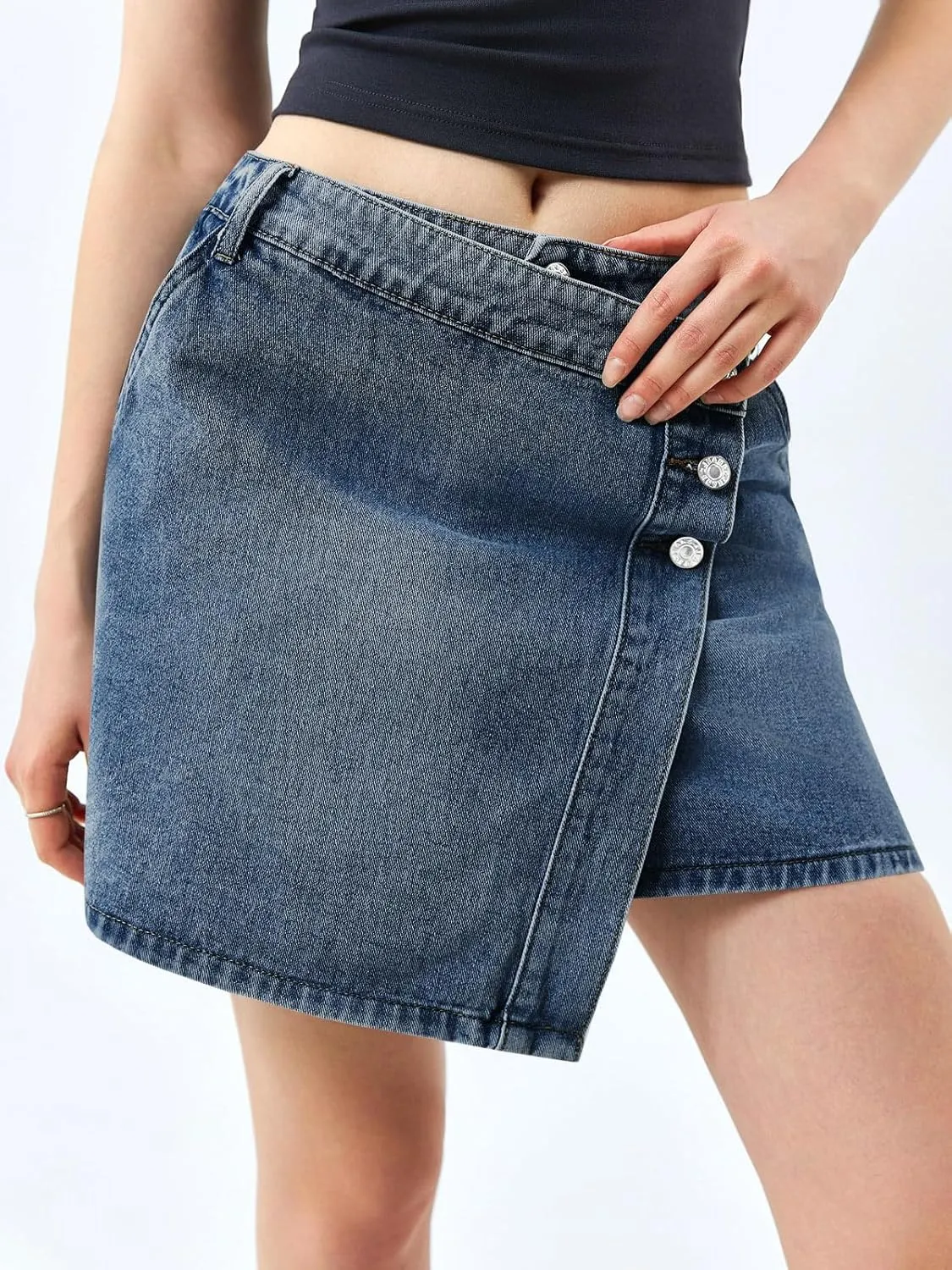 Cicy Bell Womens Jean Skirts Casual Wrap Button Asymmetrical Hem Summer Denim Mini Skirt