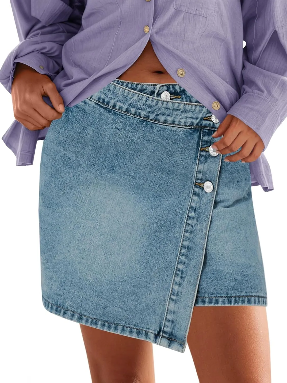 Cicy Bell Womens Jean Skirts Casual Wrap Button Asymmetrical Hem Summer Denim Mini Skirt