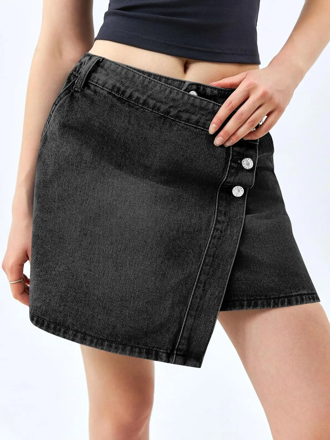 Cicy Bell Womens Jean Skirts Casual Wrap Button Asymmetrical Hem Summer Denim Mini Skirt