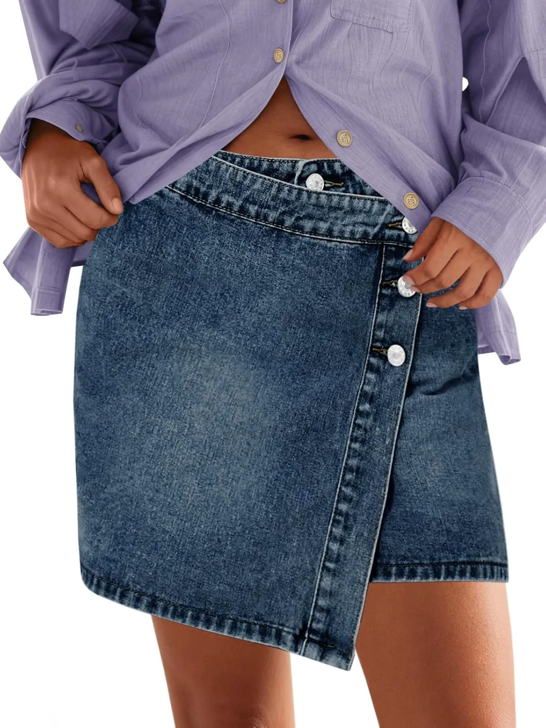 Cicy Bell Womens Jean Skirts Casual Wrap Button Asymmetrical Hem Summer Denim Mini Skirt