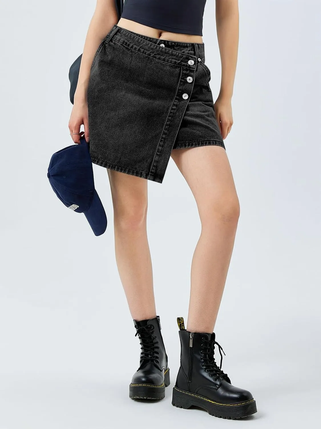 Cicy Bell Womens Jean Skirts Casual Wrap Button Asymmetrical Hem Summer Denim Mini Skirt