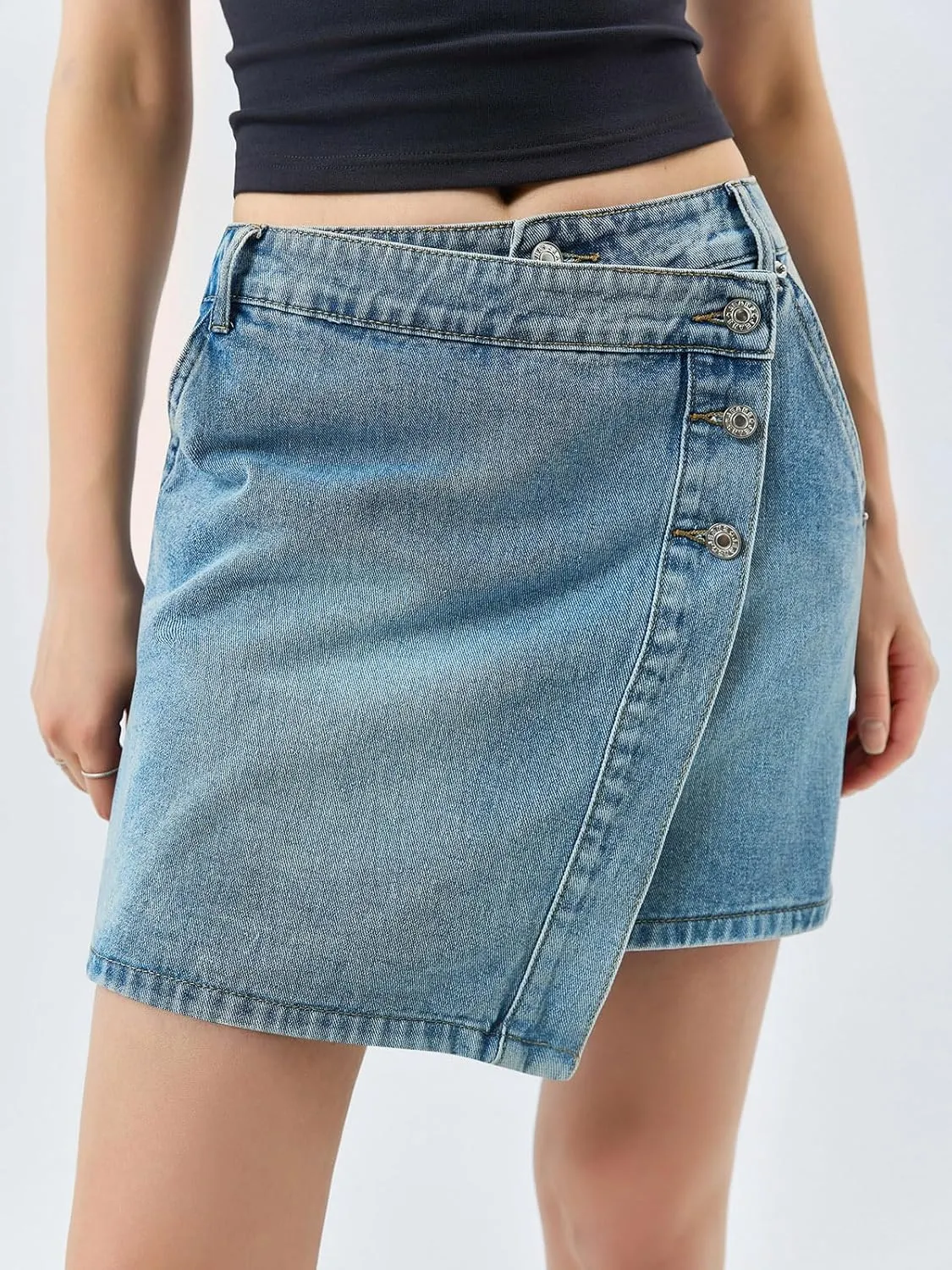 Cicy Bell Womens Jean Skirts Casual Wrap Button Asymmetrical Hem Summer Denim Mini Skirt