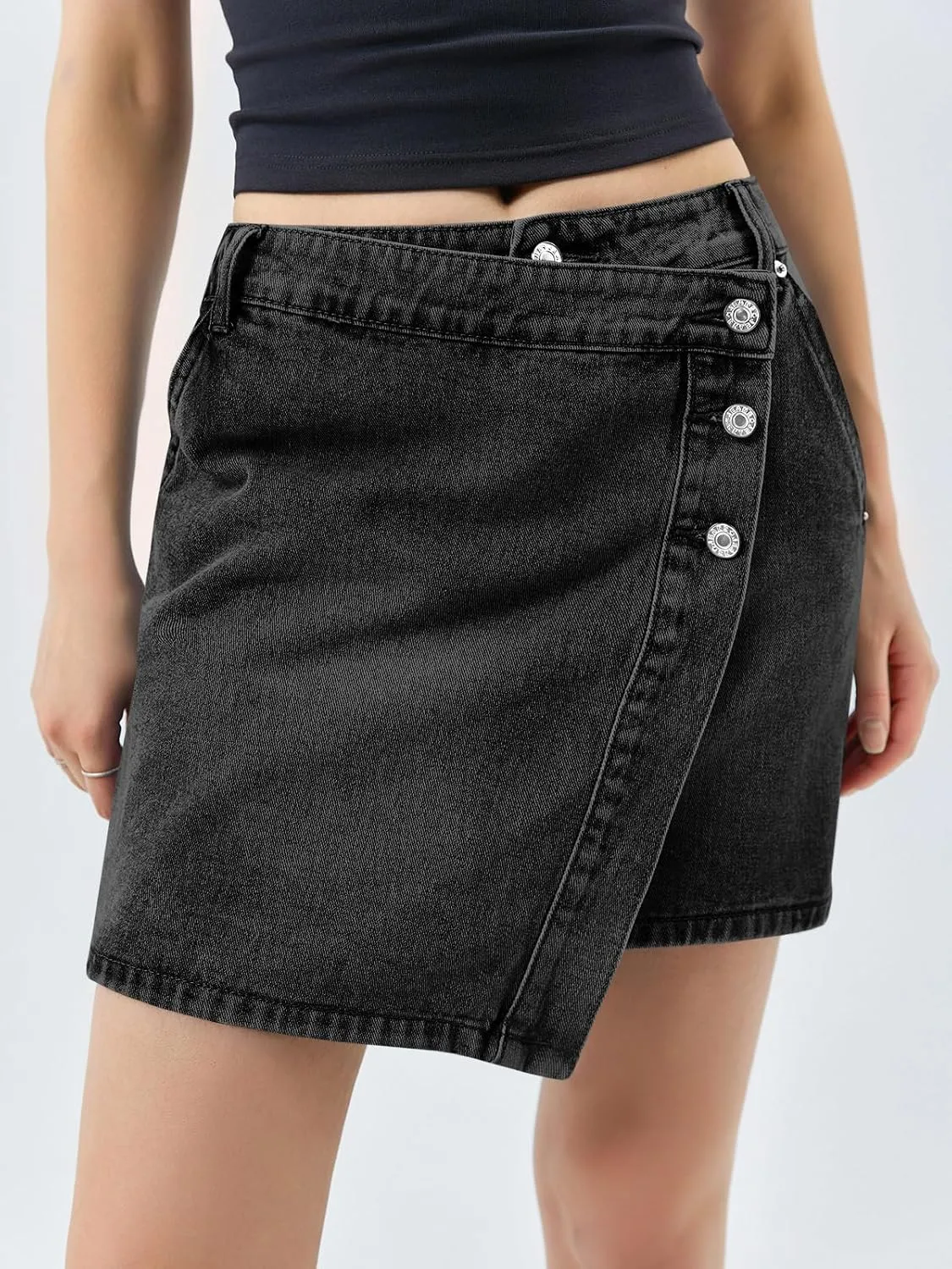 Cicy Bell Womens Jean Skirts Casual Wrap Button Asymmetrical Hem Summer Denim Mini Skirt