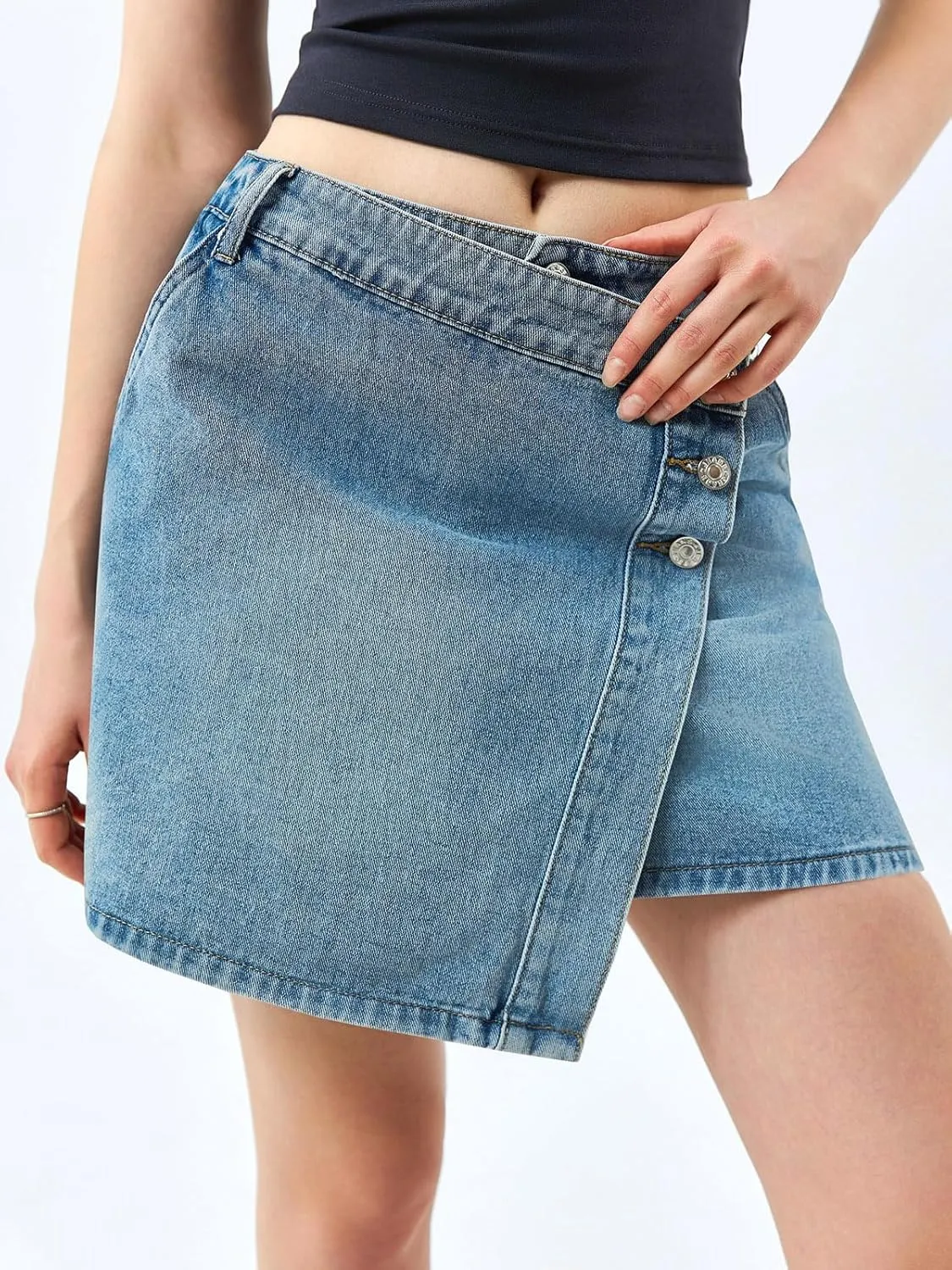 Cicy Bell Womens Jean Skirts Casual Wrap Button Asymmetrical Hem Summer Denim Mini Skirt