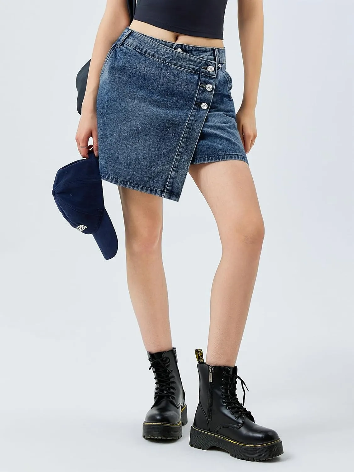 Cicy Bell Womens Jean Skirts Casual Wrap Button Asymmetrical Hem Summer Denim Mini Skirt
