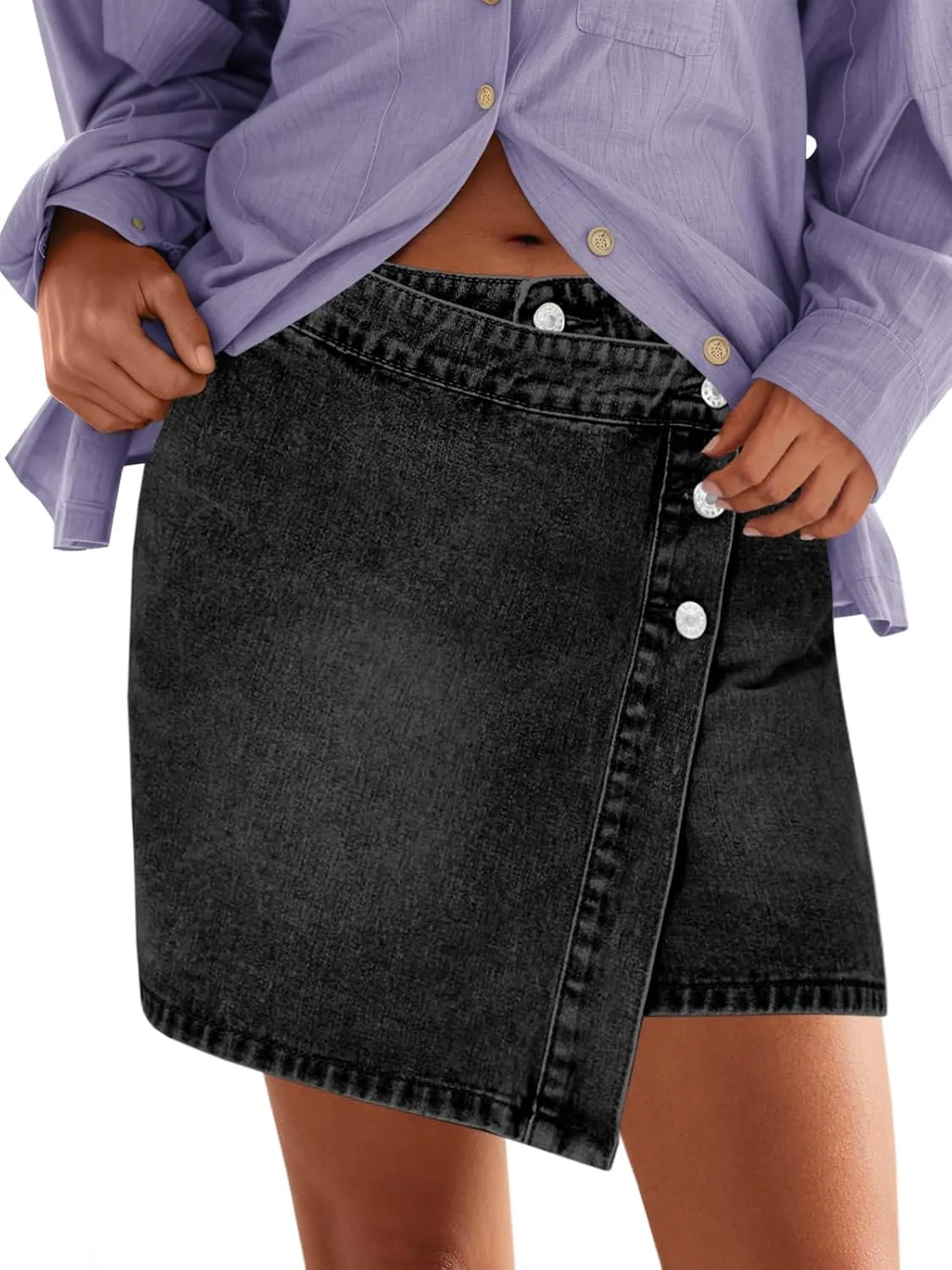 Cicy Bell Womens Jean Skirts Casual Wrap Button Asymmetrical Hem Summer Denim Mini Skirt