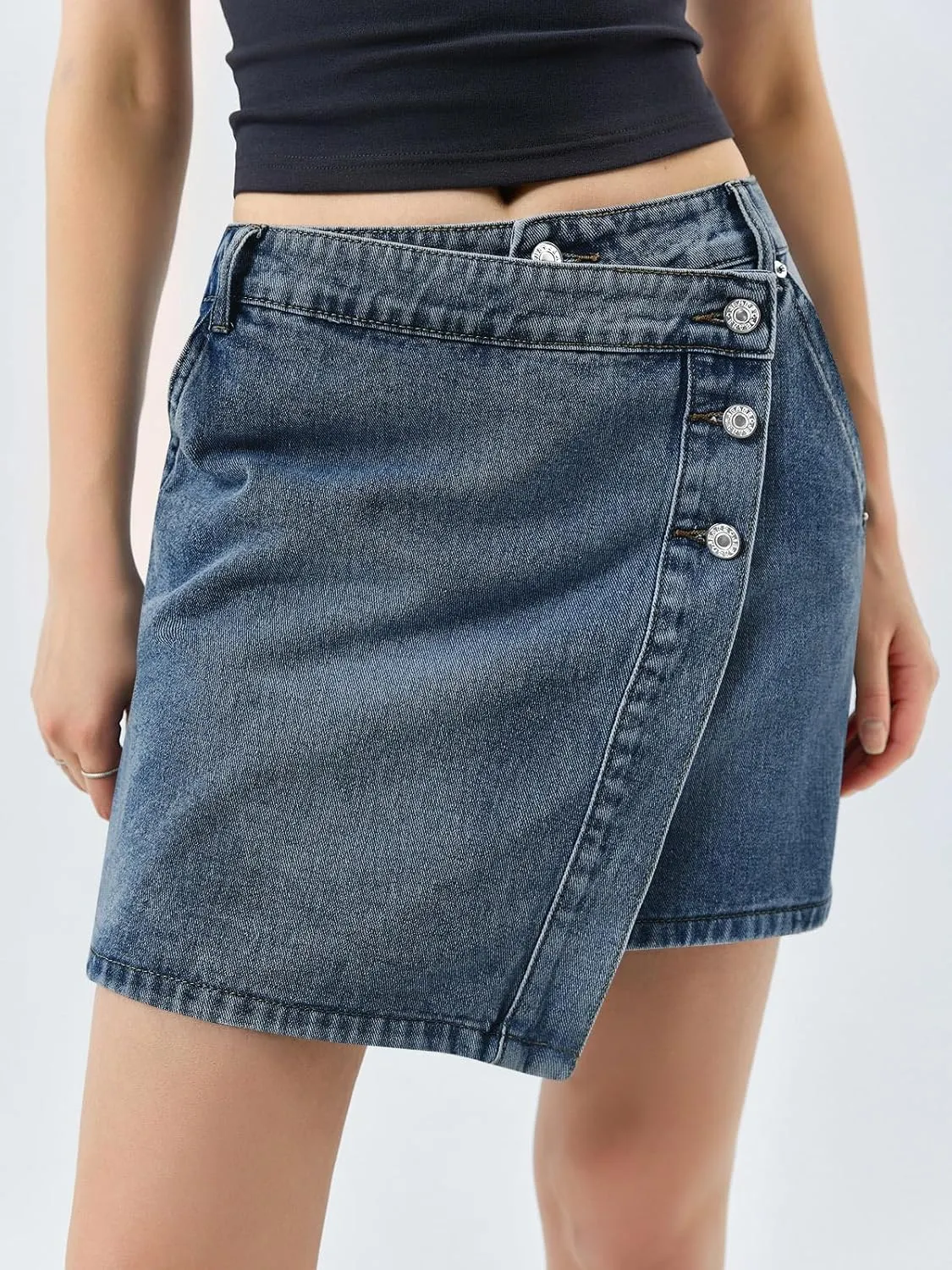 Cicy Bell Womens Jean Skirts Casual Wrap Button Asymmetrical Hem Summer Denim Mini Skirt