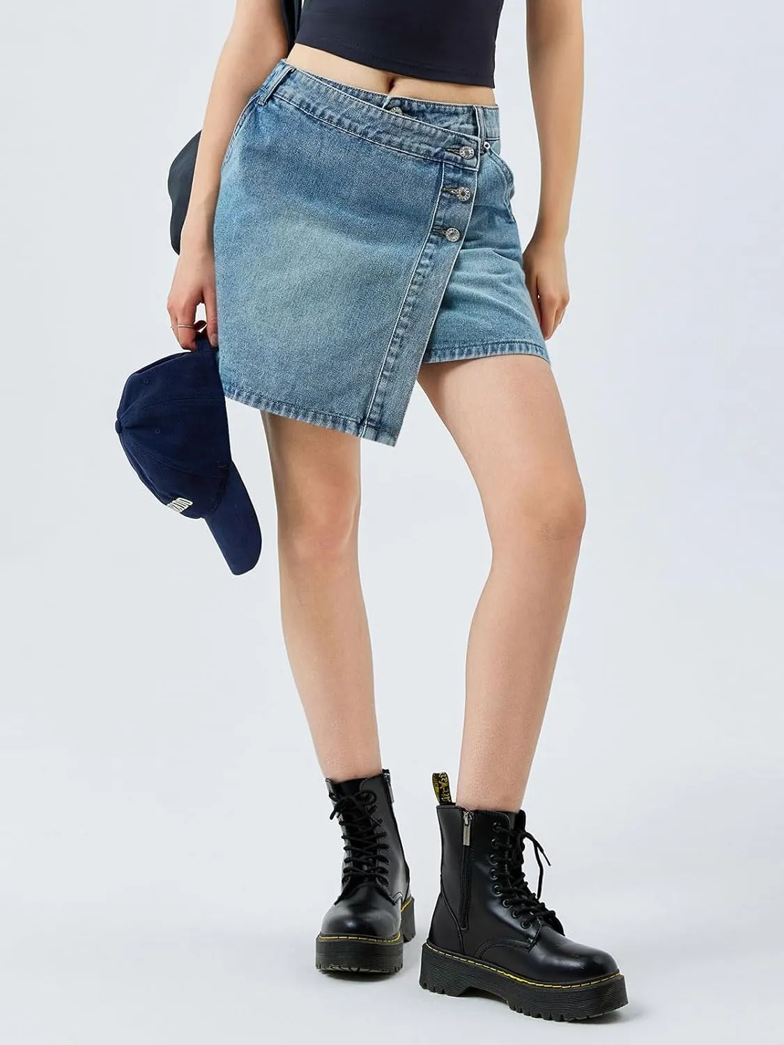 Cicy Bell Womens Jean Skirts Casual Wrap Button Asymmetrical Hem Summer Denim Mini Skirt