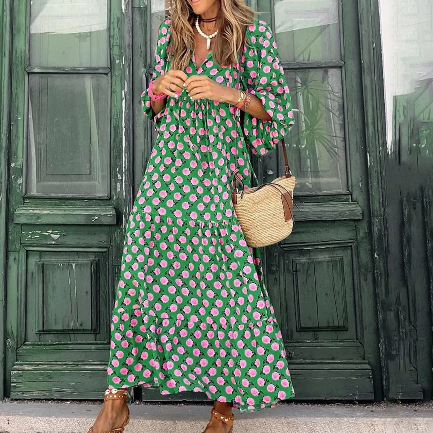 Easter Dresses for Women Geometric Print Neckline Lace-up Middle-Sleeves Dresses Casual Elegant Dress