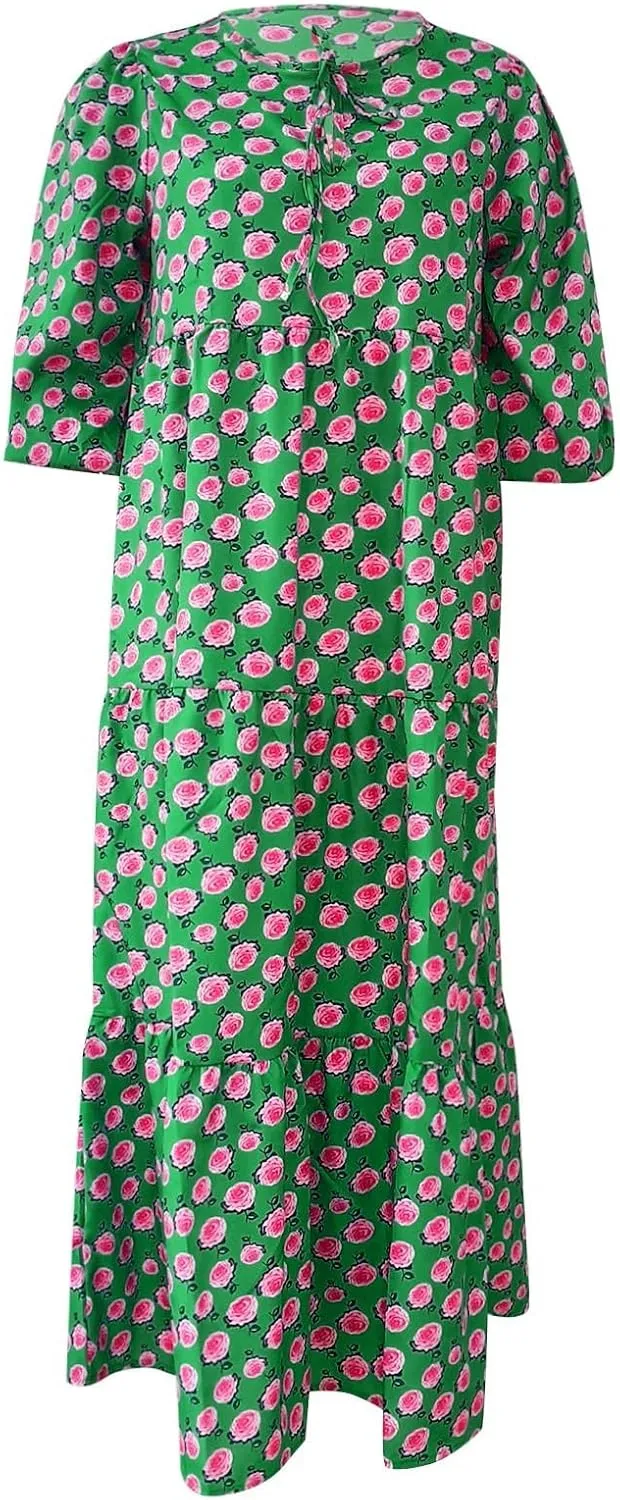 Easter Dresses for Women Geometric Print Neckline Lace-up Middle-Sleeves Dresses Casual Elegant Dress