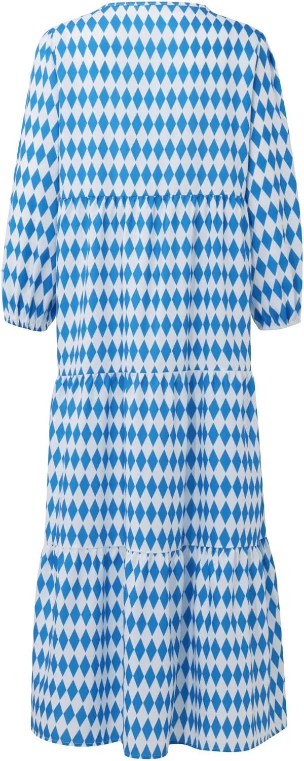Easter Dresses for Women Geometric Print Neckline Lace-up Middle-Sleeves Dresses Casual Elegant Dress
