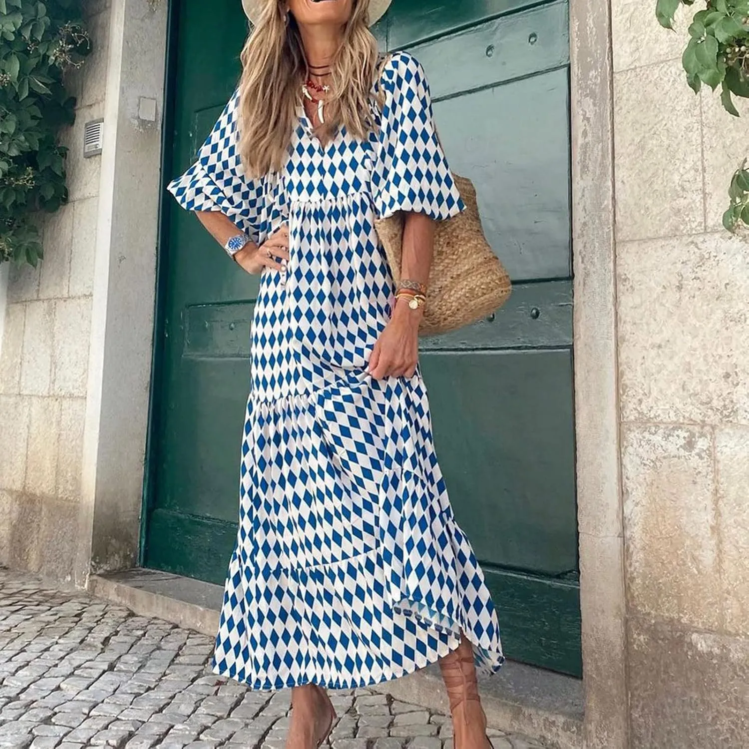Easter Dresses for Women Geometric Print Neckline Lace-up Middle-Sleeves Dresses Casual Elegant Dress