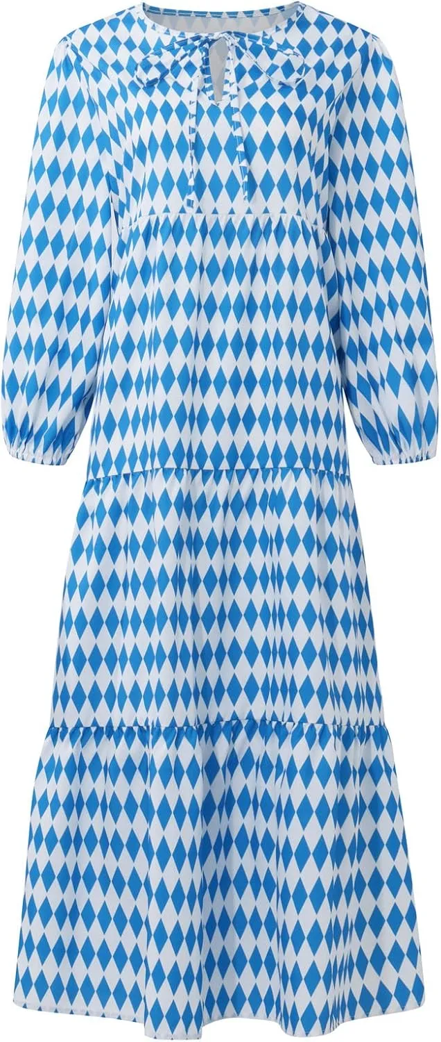 Easter Dresses for Women Geometric Print Neckline Lace-up Middle-Sleeves Dresses Casual Elegant Dress