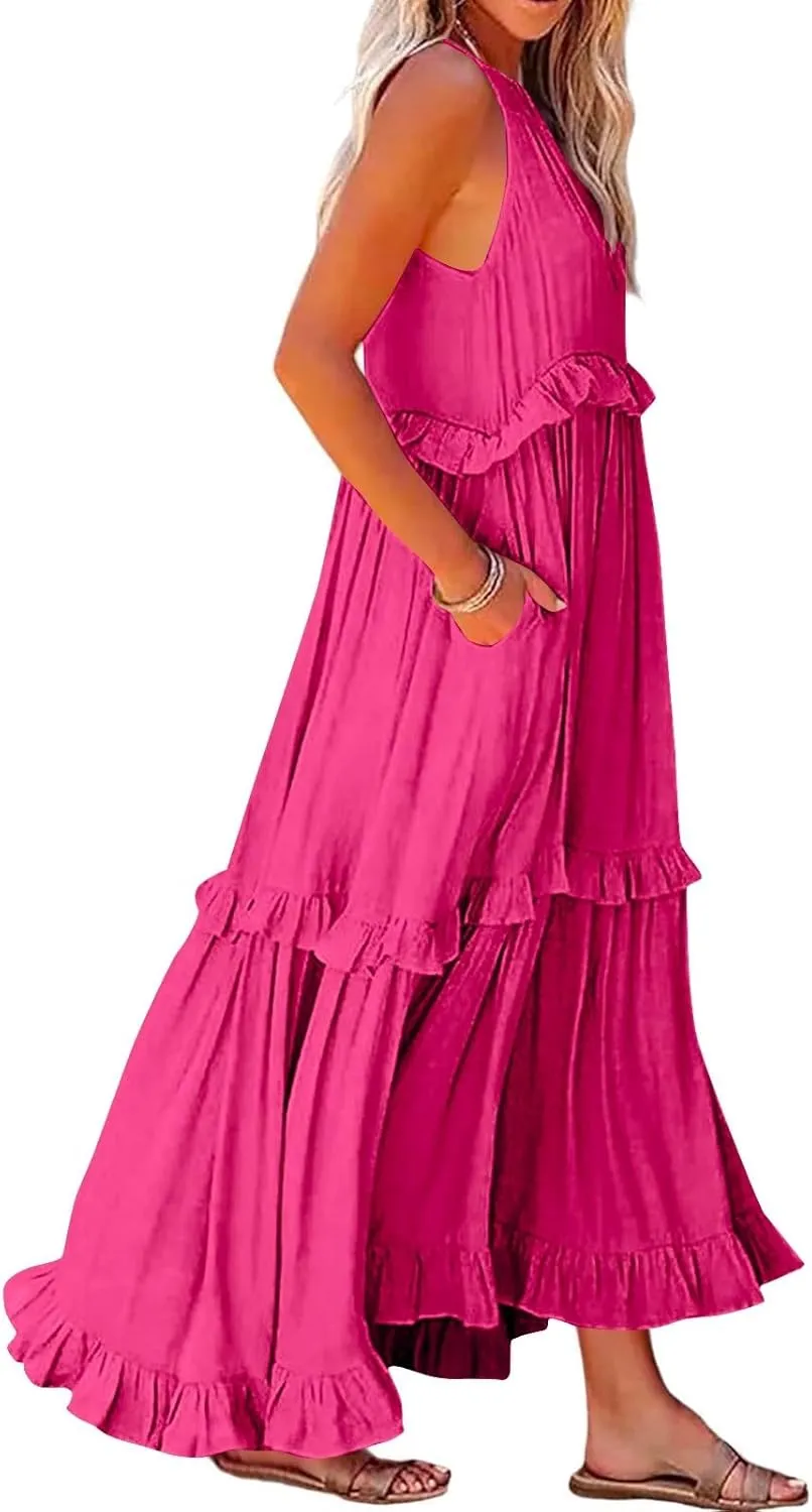 Elegant Women's Sleeveless Maxi Summer Beach Long Loose Flowy Ruffle Tiered Maxi Dress with Pockets