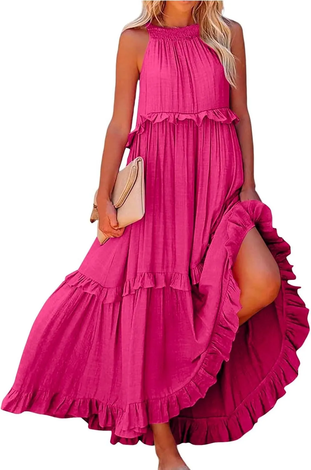 Elegant Women's Sleeveless Maxi Summer Beach Long Loose Flowy Ruffle Tiered Maxi Dress with Pockets