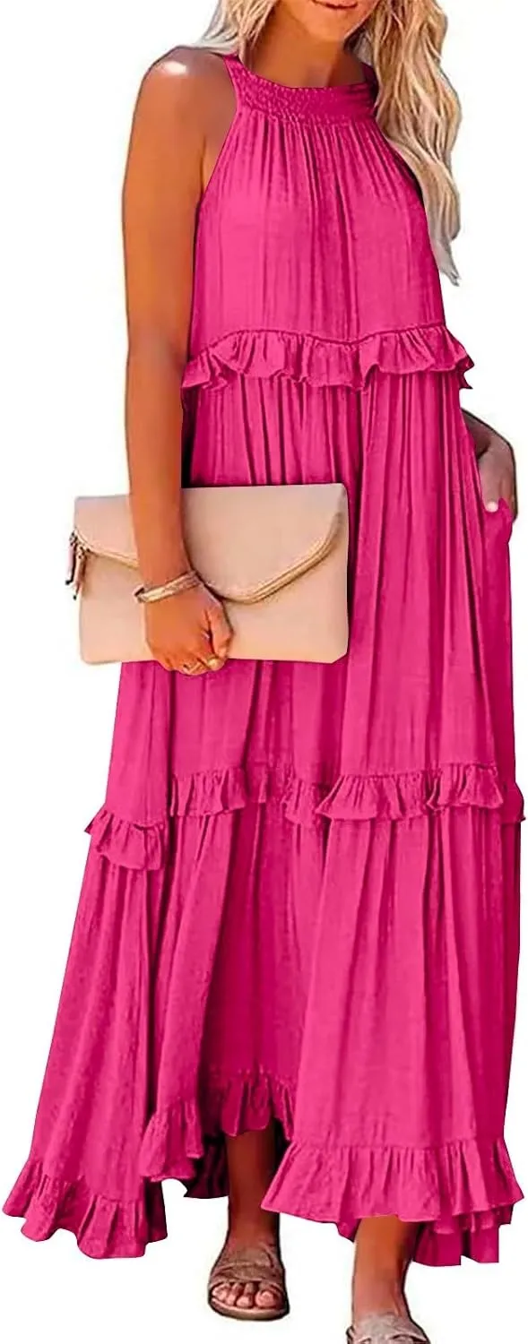 Elegant Women's Sleeveless Maxi Summer Beach Long Loose Flowy Ruffle Tiered Maxi Dress with Pockets