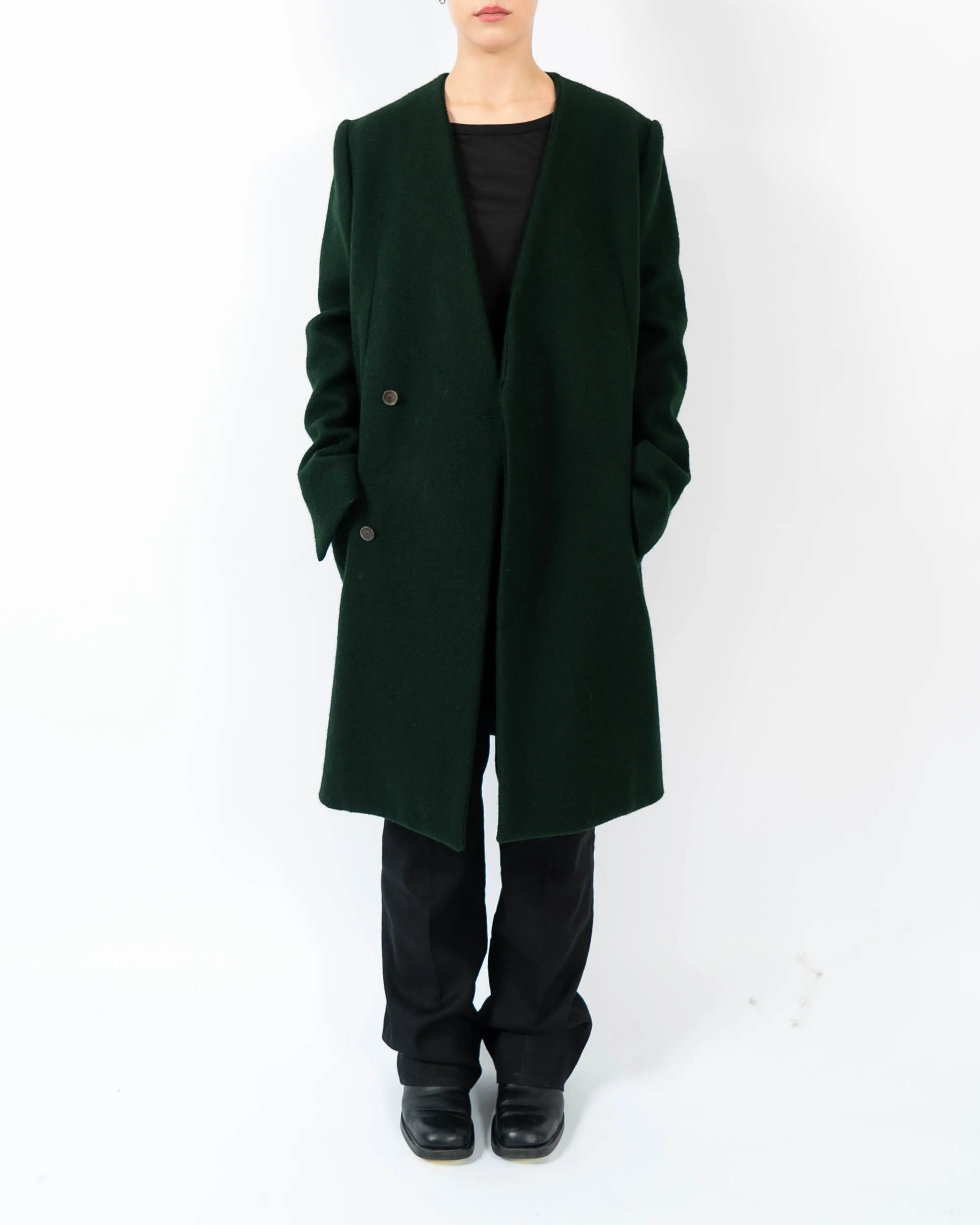 FW13 Collarless Overcoat in Green Wool