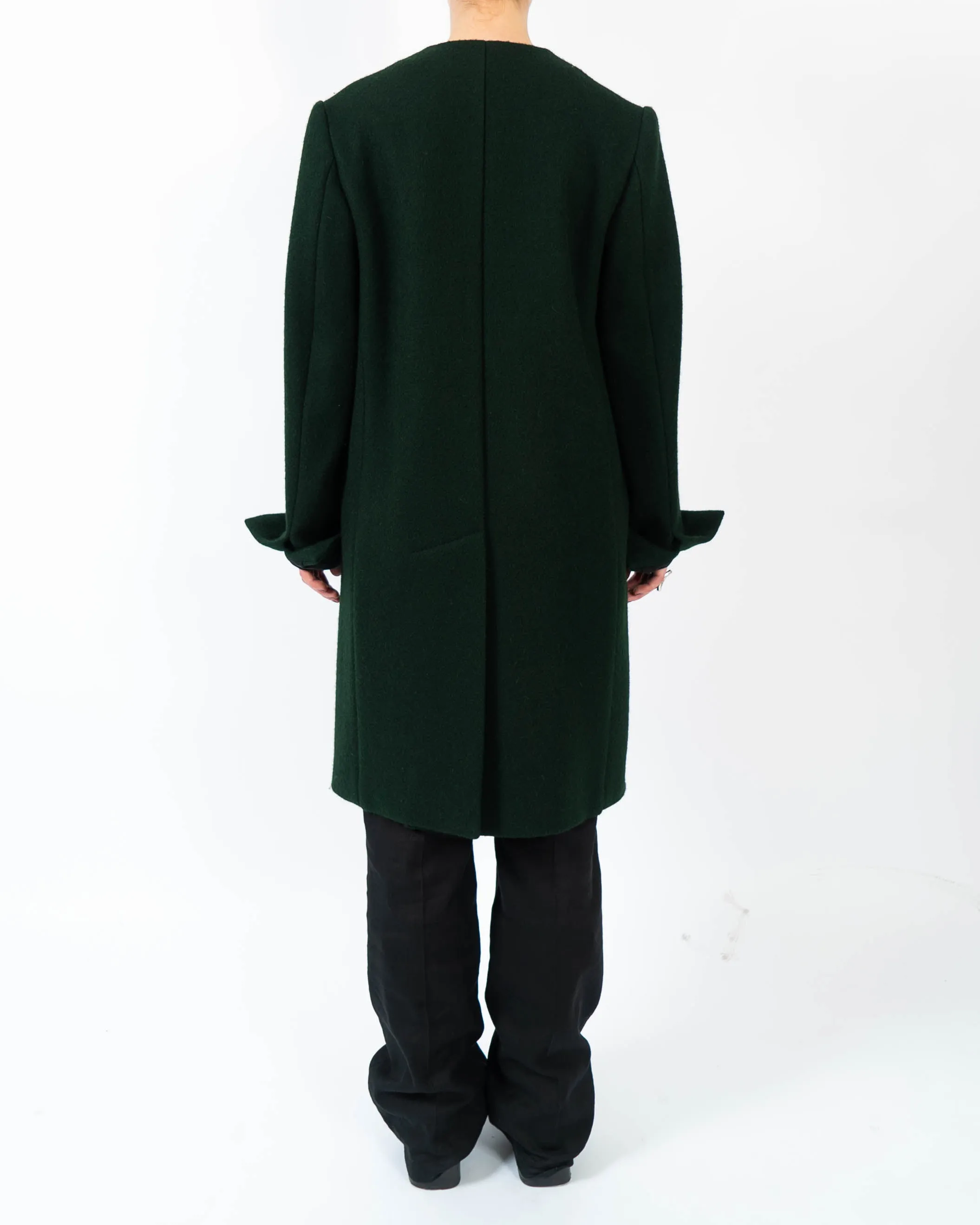 FW13 Collarless Overcoat in Green Wool