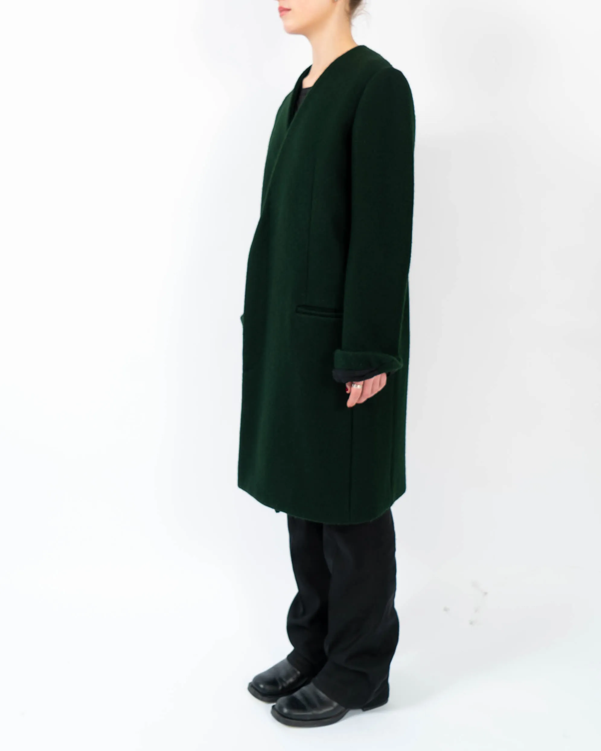 FW13 Collarless Overcoat in Green Wool