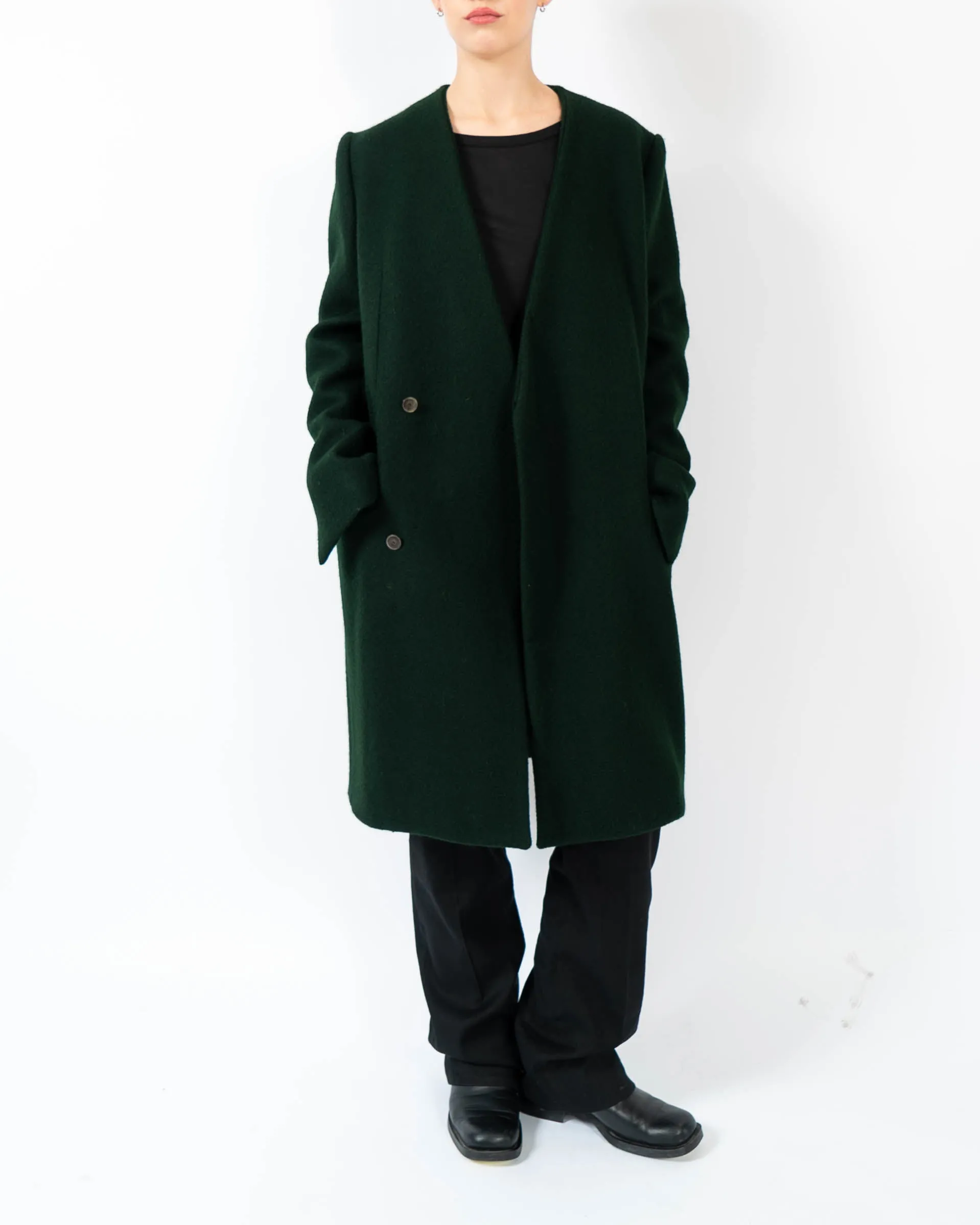 FW13 Collarless Overcoat in Green Wool