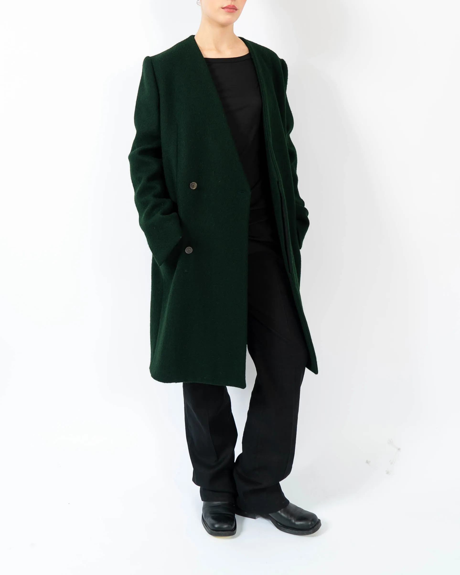 FW13 Collarless Overcoat in Green Wool