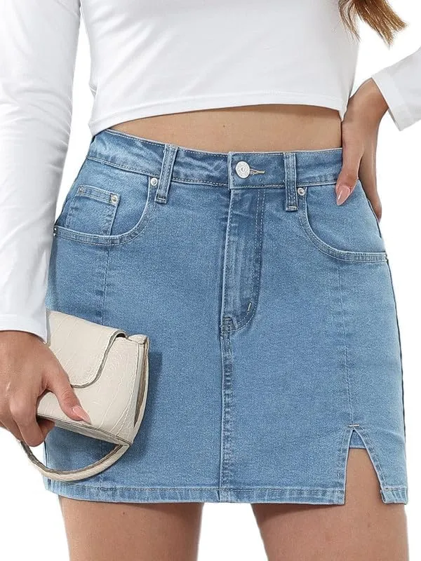 Genleck Stretch Mini Shorts for Women - High Waisted Jean Skirts Girls Teens Dressy Denim Skorts (Light Blue, X-Small)