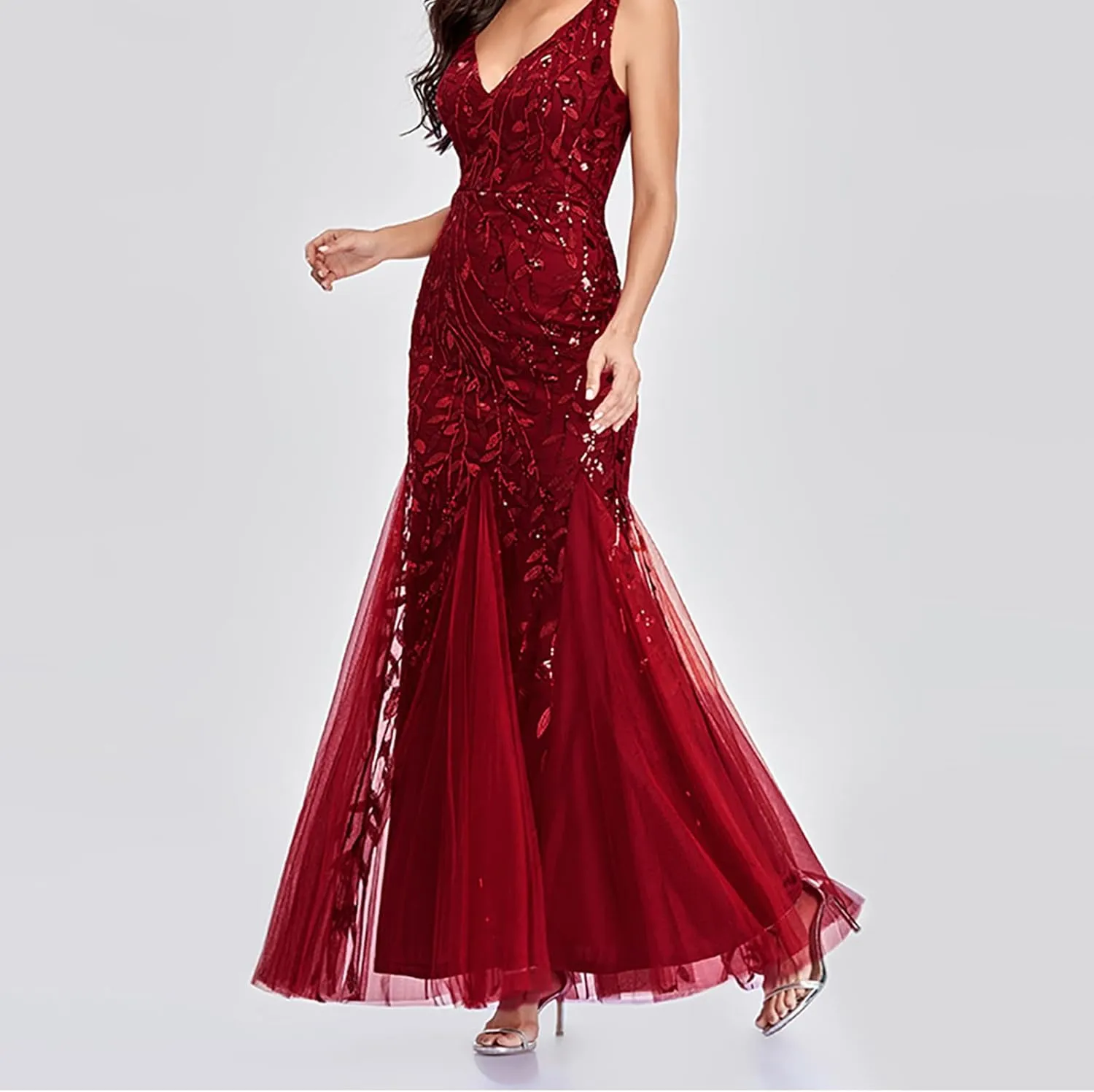 HGps8w Womens Luxurious Sequins Formal Evening Dress Elegant Sleeveless Mermaid Tulle Floor Lenght Party Cocktail Dresses