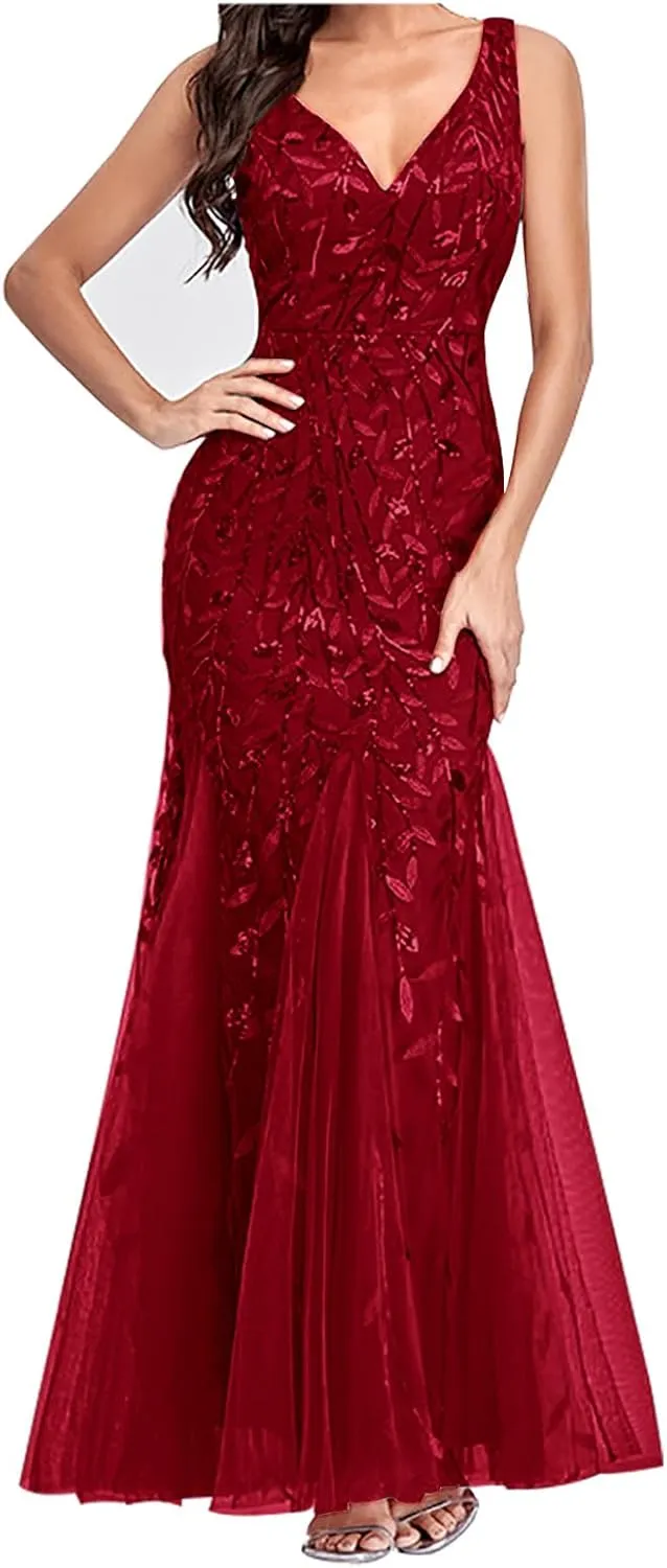 HGps8w Womens Luxurious Sequins Formal Evening Dress Elegant Sleeveless Mermaid Tulle Floor Lenght Party Cocktail Dresses