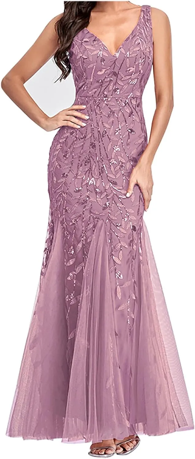 HGps8w Womens Luxurious Sequins Formal Evening Dress Elegant Sleeveless Mermaid Tulle Floor Lenght Party Cocktail Dresses