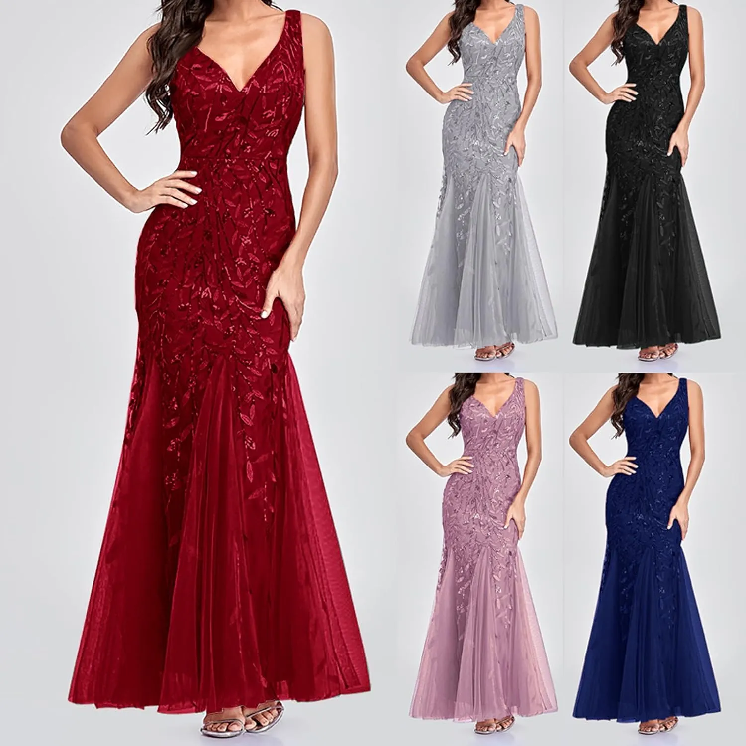 HGps8w Womens Luxurious Sequins Formal Evening Dress Elegant Sleeveless Mermaid Tulle Floor Lenght Party Cocktail Dresses