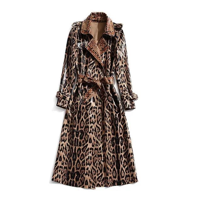 High Quality Winter New Snake Print Coat Women Sexy Belt Slim Patent Leather Washed Coats Female Elegant Fashion Party Clothing