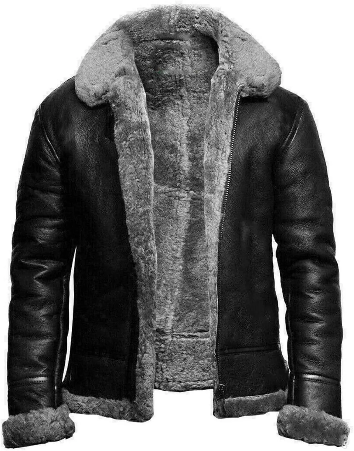 Men Faux Leather Jacket Sherpa Fleece Lined Trucker Jackets Fur Collar Trench Coat Warm Big and Tall Outwear