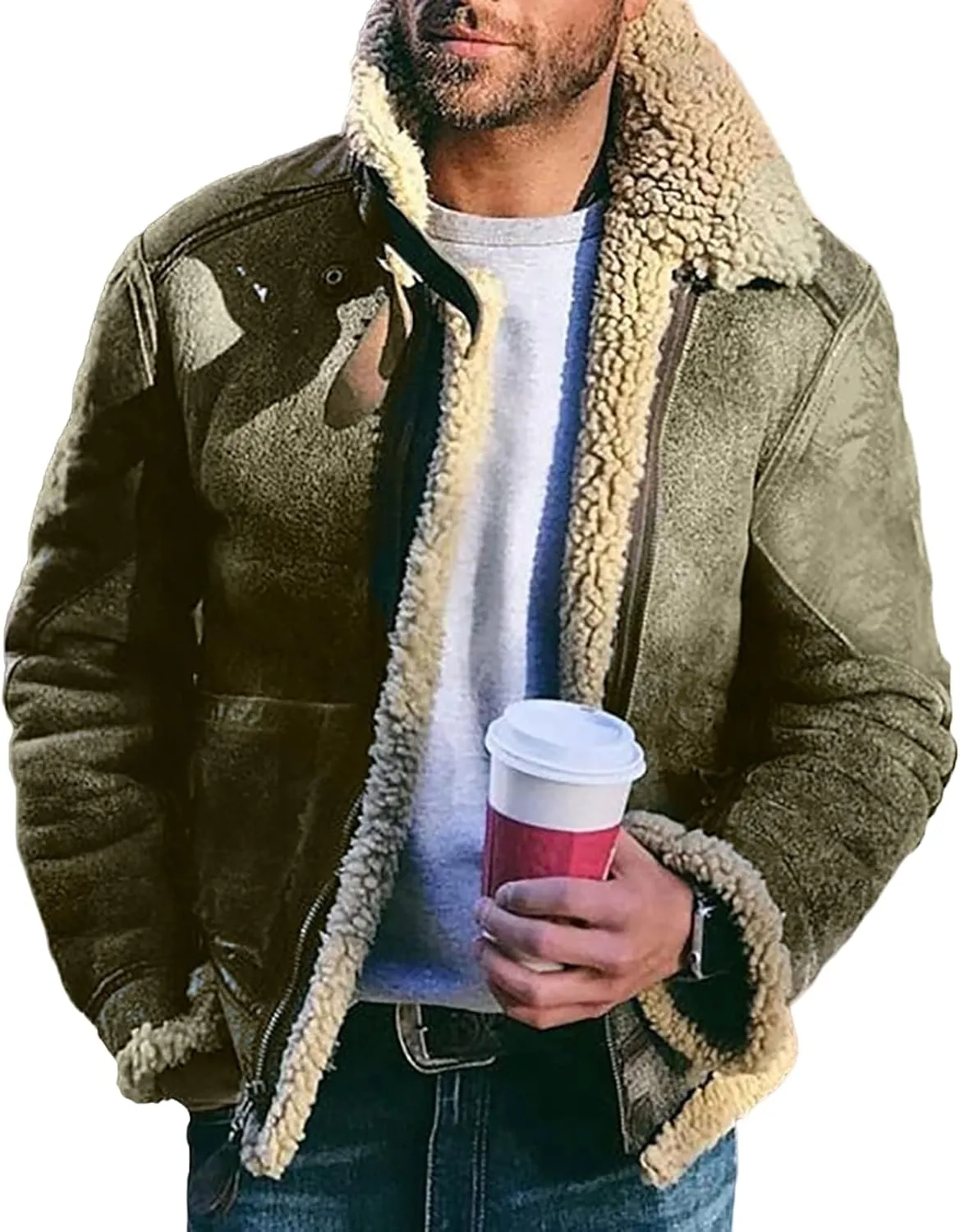Men's Faux Fur Suede Leather Coat Sherpa Fleece Lined Jackets Winter Warm Zip Up Lapel Jacket Coat with Pocket
