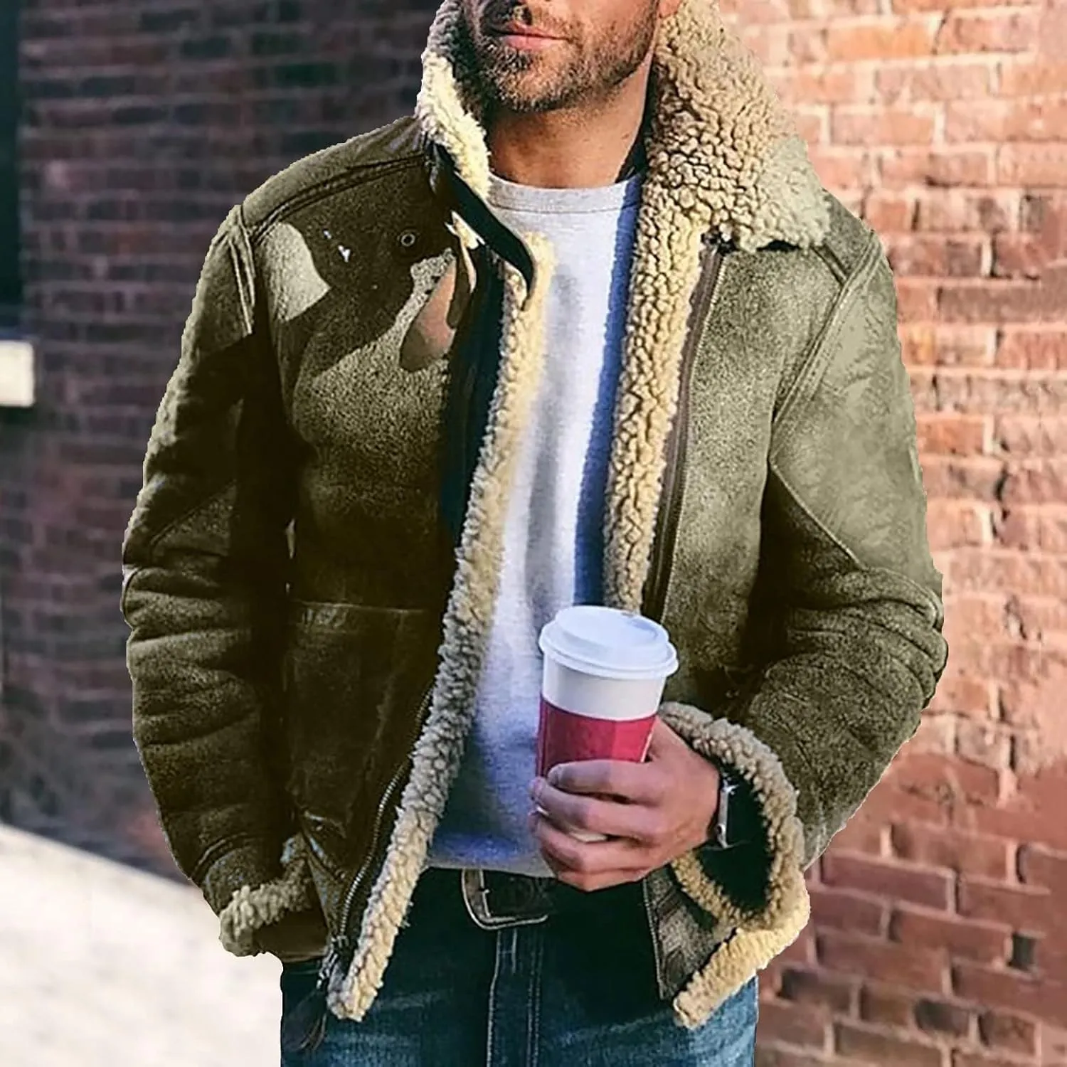 Men's Faux Fur Suede Leather Coat Sherpa Fleece Lined Jackets Winter Warm Zip Up Lapel Jacket Coat with Pocket